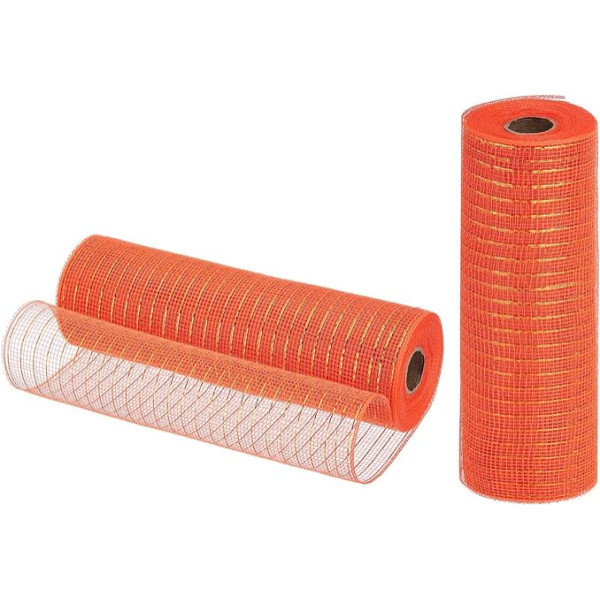 izejmateriālu karte Juta-Netzband, 25,4 cm x 9,2 m, PP, dekoratives Netzband, Geschenkband für Weihnachtskranz, Party, Dekoration, Basteln, Girlanden (Orange mit orangefarbener Folie, 2 Stück)