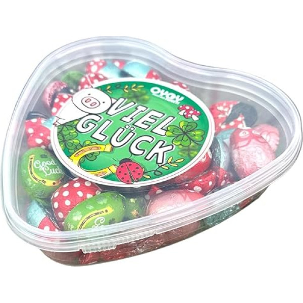 1 x OYOY Good Luck Heart piepildīta ar 500 g Lucky Charm šokolādes I konfekšu kaste ar Good Luck Chocolate I Lucky Charm Jaungada Jaungada eksāmena eksāmens Dāvana