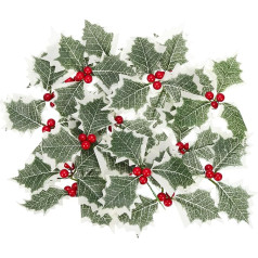 PATIKIL Künstliche Stechpalbe Beeren mit grünen Blättern, 48er Pack rote Stechpalbe Blumen für Weihnachtskranz, Bastelarbeiten, Hochzeit, Party und Zuhause