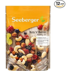 Seeberger Nuts'n Berries 12 gabaliņu iepakojums, elegants kraukšķīgu saldo mandeļu, Indijas riekstu kodolu, sultānu, dzērveņu, ķiršu, melleņu un lazdu riekstu sēklu maisījums, vegāns (12 x 150 g)