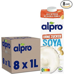 Alpro Sojas dzēriens - vegānisks un bez piena - dabiski bez laktozes un ar zemu tauku saturu - bagāts ar augu olbaltumvielām, satur kalciju un vitamīnus - 8 x 1 L - izturīgs