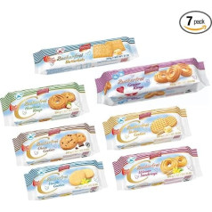 Coppenrath bezcukura sortiments 1,5 kg degustācijas iepakojums 7 produkti: 1 x vaniļas cepumi, 1 x šokolādes cepumi, 1 x lazdu riekstu gredzeni, 1 x Vīnes smilšu gredzeni, 1 x sviesta cepumi, 1 x sviesta cepumi, 1 x sviesta biskvīts, 1 x grauzdiņ