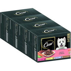 Cesar Suaugušo mitrā barība su mērce, 48 porciju maisiņi, 12 x 100 g (4 gab.) - sabalansēta Premium klases mitrā barība su liellopu, vistas, jēra un tītara gaļa, pēc izvēles ar liellopu, vistas, jēra un tītara gaļu