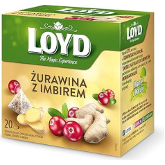 LOYD® augļu tēja | 20 tējas maisiņi 40 g | Garša: Dzērveņu un ingvera | Aromatizēta augļu augļu tēja | Augstas kvalitātes tējas lapu melnās tējas maisiņu tējas pagatavošana