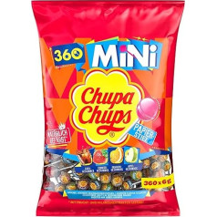 Chupa Chups Mini Classic Lollipop maisiņā ir 360 mini konfektes ar 4 garšām: kolas, apelsīnu, zemeņu un ābolu 360 x 6g