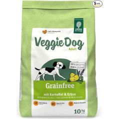 Green Petfood VeggieDog Grainfree (5 x 900 g) | Pieaugušajiem | Premium sausā barība pieaugušiem jutīgiem suņiem | Veģetārā barība ar kartupeļiem un zirņiem | Bez kviešu | Ilgtspējīga barība suņiem | Iepakojumā 5 gab.