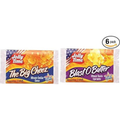 3 x Jolly Time The Big Cheez 100 g, 3 x Jolly Time Blast O Butter 100 g un 3 x Jolly Time The Big Cheez 100 g popkorna uzkodas.