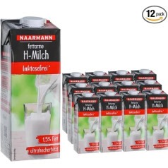 Naarmann Piens bez laktozes H-Milk 1,5% Fat Ilgnoturīgs piens, 1 litrs katrā, 12 gab. iepakojumā + pufai