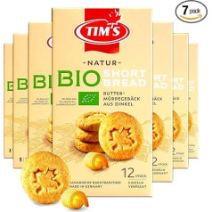 Tims Fine Organic Shortbread Natural, 7 x 165 g, oriģināli kanādiešu sviesta cepumi, mīklas cepumi, saldie speltas maizes cepumi bez konservantiem, tradicionāli kanādiešu cepumi, ražoti Vācijā