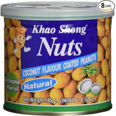 Khao Shong Kokosriekstu aromāta zemesrieksti, zemesrieksti ar kokosriekstu, kraukšķīgi rieksti pikantā, saldā kokosriekstu apvalkā, kraukšķīga uzkoda, 8 x 185 g kārba