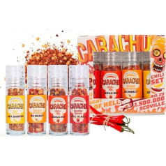 CARACHO čili dzirnaviņu komplekts Superhot Vol. 2, ļoti asais čili, 1-1,5 miljoni Scoville, 4 mini dzirnaviņas dāvanu komplektā, augstas kvalitātes čili ar dažādu asuma pakāpi, čili garšvielu komplekts