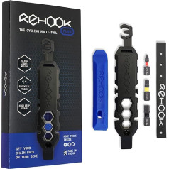 REHOOK PLUS - vieglākais daudzfunkcionālais instruments velosipēdistiem. Komplektā ietilpst riepu sviras, spieķu atslēga, ķēdes instruments, uzgriežņu atslēga, sešskrūvgriezis un skrūvgriezis.