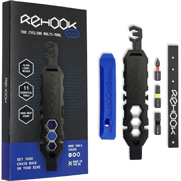 REHOOK PLUS - vieglākais daudzfunkcionālais instruments velosipēdistiem. Komplektā ietilpst riepu sviras, spieķu atslēga, ķēdes instruments, uzgriežņu atslēga, sešskrūvgriezis un skrūvgriezis.