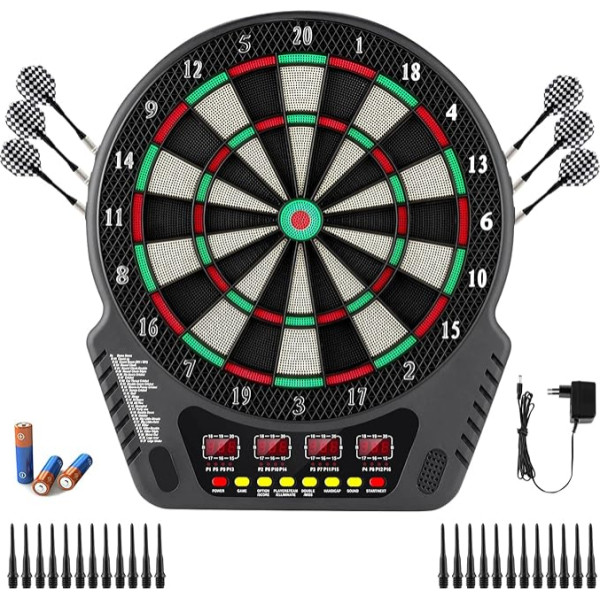 Elektroniskais šautriņu dēlis, E-Dartboards šautriņu automāts ar 4 LCD displeju un 6 šautriņām un 24 bultu galviņām, 27 spēles ar 243 spēļu iespējām, profesionāla elektroniskā šautriņu spēle 16 spēlētājiem