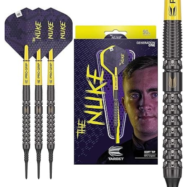 TARGET Darts Luke Littler G1 19G 90% Tungsten Soft Tip šautriņu komplekts - Pixel Tip Darts, The Nuke šautriņu komplekts, Pro Grip Shafts, Pro Ultra No.2 Flights