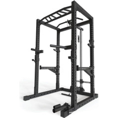 Atletica R7-Cage Power Rack, Power Rack with Lat Pull and Rowing Station, Multi-Grip Pull-Up Bar, Dip Bars, Spotter Arms, 4 J-Hooks and Landmine