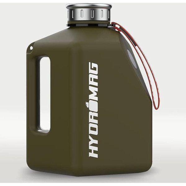 HYDROMAG ūdens pudele 2,7 L - XL ūdens pudele, ideāli piemērota sportam, fitnesam, jogai un atpūtai ārpus telpām, ar magnētisko mobilā tālruņa turētāju, BPA nesatur, necaurlaidīga un izturīga (armijas zaļa)