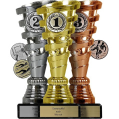 Pokal-Fabrik.de 3 trofeju komplekts ar iegravētu tekstu zelta, sudraba un bronzas krāsā - personalizēta trofeja ar sporta emblēmu pēc izvēles - 15,5 cm, ieskaitot marmora pamatni - dāvanu trofeja |