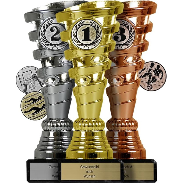 Pokal-Fabrik.de 3 trofeju komplekts ar iegravētu tekstu zelta, sudraba un bronzas krāsā - personalizēta trofeja ar sporta emblēmu pēc izvēles - 15,5 cm, ieskaitot marmora pamatni - dāvanu trofeja |