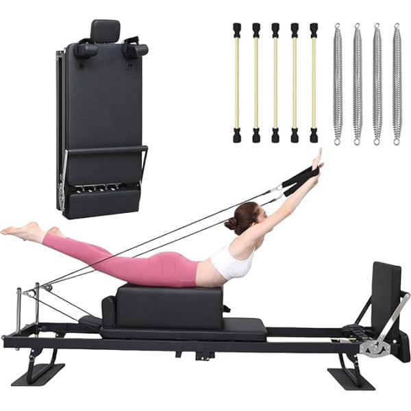 Pilates Reformer mašīna, pagarināts salokāms Pilates aprīkojums studijai un mājai, Pilates Reformer komplekts ar Pilates sēdekļu kasti, lecamauklu, 4 sakausējuma tērauda atsperēm un 5 elastīgām lateksa virvēm