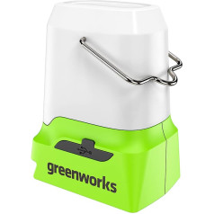 Greenworks G24LA500 akumulatora laterna un kempinga lampa ar karināmo āķi, 500 lūmeni, kempinga gaisma ar 3 spilgtuma līmeņiem, USB un C tipa pieslēgvietām bez 24 V akumulatora un lādētāja