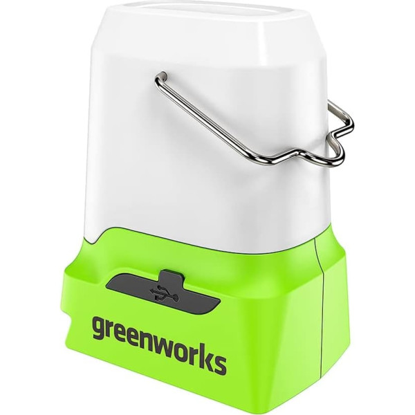 Greenworks G24LA500 akumulatora laterna un kempinga lampa ar karināmo āķi, 500 lūmeni, kempinga gaisma ar 3 spilgtuma līmeņiem, USB un C tipa pieslēgvietām bez 24 V akumulatora un lādētāja