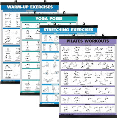 Palace Learning 4 Pack - iesildīšanās vingrinājumi + jogas treniņi + stiepšanās + pilates vingrinājumi - 4 treniņu diagrammu komplekts (laminēts ar plastmasas rāmi, 18