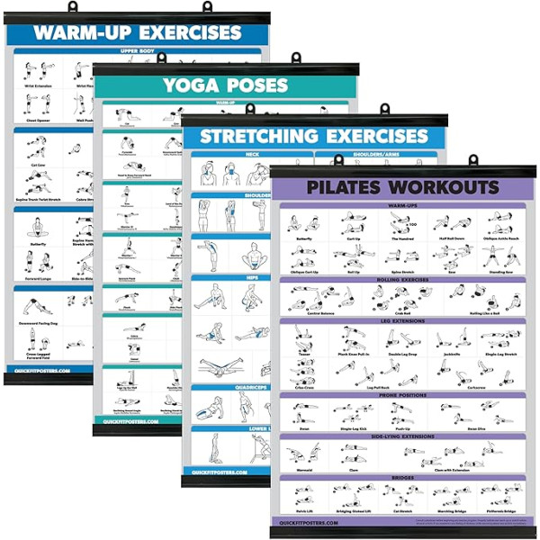 Palace Learning 4 Pack - iesildīšanās vingrinājumi + jogas treniņi + stiepšanās + pilates vingrinājumi - 4 treniņu diagrammu komplekts (laminēts ar plastmasas rāmi, 18