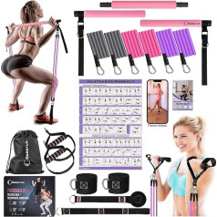 Pilates Bar and Resistance Band Bar Set with Handles, Portable Home Gym, Includes Door Anchors, Ankle Straps and Extension Straps - Comes with Fitness Posters and Videos