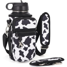 AJLTPA Ūdens pudeles turētājs Sling Bag Sleeve Carrier 32oz 40oz 60oz Izolēts Crossbody ūdens pudeles apvalks ar polsterētu siksnu un 2 kabatām pastaigu pārgājieniem kempingā, govs raksts