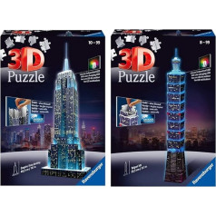 Ravensburger 3D Puzzle Empire State Building naktī bērniem un pieaugušajiem, Ņujorkas piemineklis miniatūrā formātā, spīd tumsā & 3D Puzzle 11149 - Taipei 101 naktī - 234 gabaliņi