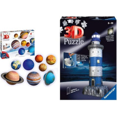 Ravensburger 11668 planētu sistēmas 3D puzle bērniem no 7 gadiem, 8 bumbiņas planētas kā saules sistēmas modelis ar plakātu, 12577 bāka naktī 3D puzle, 216 gabaliņi.