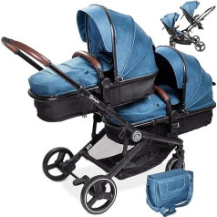 babyGO 3-in-1 Pushchair for Twins - Sibling Pram / Sibling Pram for Babies - Twin Pushchair / Twin Pushchair for 2 Children with Many Accessories (Blue Melange - without Baby Seat)