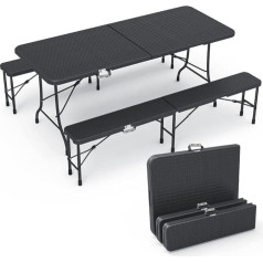 VOUNOT Bierzeltgarnitur Klappbar 3-teilig Set, 1 Biertisch & 2 Bierbänke, Festzeltgarnitur 180x75x72 cm Rattan-Optik Gartengarnitur Campingset Klapptisch, Schwarz, 180 * 75 * 75cm