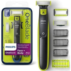 Philips OneBlade Face + Body, Trimmen, Stylen, Rasieren, Für jede Haarlänge, Je 1 x Klinge für Gesicht und Körper, 4 Aufsätze (Modell QP2620/20)