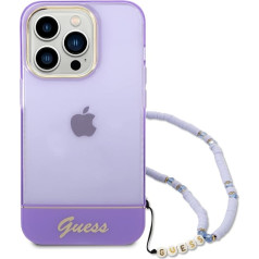 Guess mobilo tālruņu futrālis iPhone 14 Pro, violets, caurspīdīgs ar siksniņu, PC/TPU, ērts un izturīgs cietais futrālis ar pieejamām pieslēgvietām, triecienu absorbciju un paraksta logotipu, kas aizsargā pret skrāpējumiem