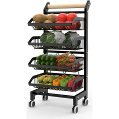 Yawinhe Vegetable Rack for Kitchen, Multifunctional Storage Trolley with Wheels, Stackable Fruit Basket Vegetables for Bathroom, Kitchen, Black