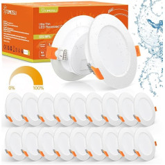 Tomosu 20 LED iebūvējamo starmešu komplekts, 230 V, dimmējams, 5 W, 450 lm, IP44, īpaši plakani LED starmeši, silti balts, 2700 K - 3000 K, griestu starmeši, LED plakani 98 mm, uzstādīšanas dziļums 24 mm.