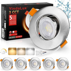 YindaLux 6 LED iegremdējamo starmešu komplekts 230 V Dimmable 45° Swivelling LED starmeši 5 W IP44 Griestu starmeši LED 68-80 mm cauruma izmērs 3000 K / 4000 K / 6000 K iegremdējamie starmeši vannas istabai