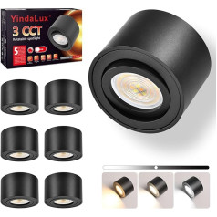 YindaLux 6 x 3CCT LED virsmas prožektori, īpaši plakans, melns, diametrs 80 x 50 mm, ieskaitot 5 W dimmējamu LED moduļa virsmas prožektoru, 30° pagriežams, alumīnija griestu gaisma, 230 V,