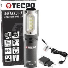 TECPO 300550 Akumulatora darbnīcas lampa 1000 Lumen 27 SMD LED 10 + 3 W 6500 Kelvīnu IP 54 Darba lampa Lukturis Magnētiskais litija jonu 3,7 V 6600 mAh