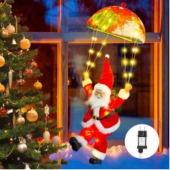 Santa Claus Parachute Fairy Lights, 63 cm 70 LED Christmas Fairy Lights Plug with Timer, 8 Modes, Christmas Lighting for Indoor Outdoor Christmas Decoration Window Christmas Tree Balcony (Warm White)