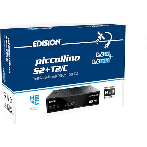 EDISION Piccollino S2+T2/C Combo HD uztvērējs H.265/HEVC (DVB-S2, DVB-T2, DVB-C | ARD-ZDF SD Shut-Off) Unicable Piemērots 2-in-1 RCU, HDMI, AV, LAN, iepriekš instalēts vācu programmu saraksts