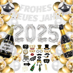 Silvester Deko 2025 XXL, Jaungada rotājums, FROHES NEUES JAHR Girlande, Silber 2025 Folienballon, Fotorequisiten, Champagner Folienballons, Luftballons Gold für Silvester Neujahr 2025 Party Deko