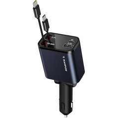 RAMPOW izvelkamais auto lādētājs, [65 W, 4-in-1], divi izvelkamie USB-C kabeļi, cigarešu aizdedzinātāja USB C, auto aksesuāri, auto lādētājs, ātrais lādētājs ar iPhone 16/15, Samsung S24/S23, iPad