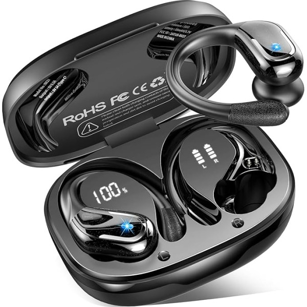 Bluetooth austiņas Sport, 75 stundu austiņas bezvadu Bluetooth 5.4, HiFi Stereo dziļi basi bezvadu austiņas, 4 ENC trokšņu slāpēšanas mikrofoni, IP7 ūdensnecaurlaidīgas austiņas ar ausu āķiem, USB-C LED diode