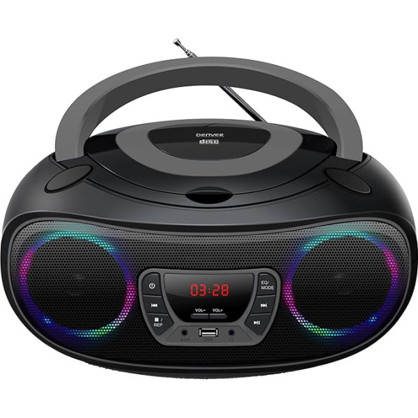 Denver TCL212BT Radio ar Bluetooth, Bluetooth radio ar gaismas efektiem, pārnēsājams CD atskaņotājs, AUX, USB, pelēks, melns