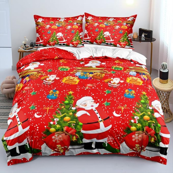 Ziemassvētku gultas veļas komplekts 135 x 200 cm Santa Claus Sarkans krāsains ziemas motīvs Gultas veļas komplekts meitenēm, zēniem, zēniem, dāvanas bērniem Mīkstas mikrošķiedras sega ar rāvējslēdzēju + 1 spilvendrāna 80 x 80 cm