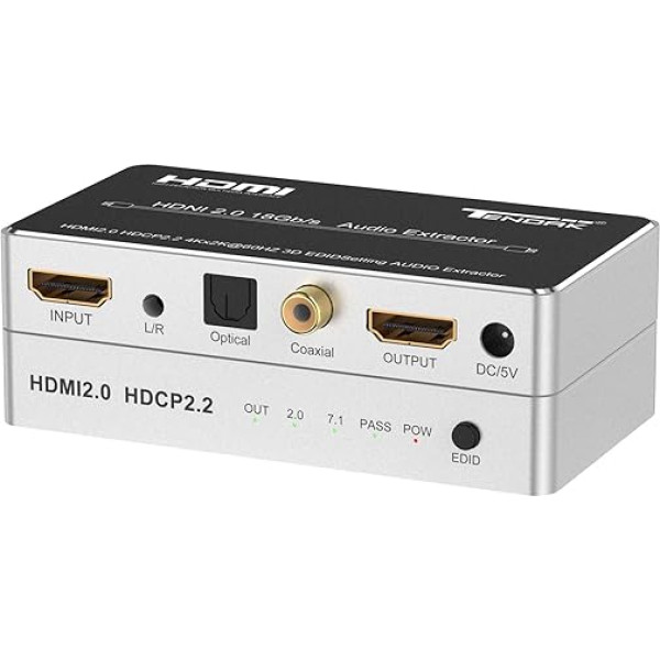 Tendak HDMI 2.0 audio ekstraktors, HDMI audio sadalītājs, HDMI audio sadalītājs, 4K HDMI uz optisko optisku Spdif Toslink koaksiālo un 3,5 mm stereo audio pārveidotājs Atbalsta 4K @ 60Hz HDCP 2.2 HDR 3D Blu-ray DVD atskaņotājs PS4 Xbox One