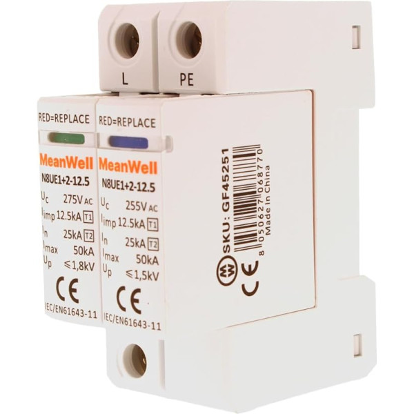 SPD pārsprieguma ierobežotājs 1+2 tips T1+T2 B+C 1P+N 2M 25kA-50kA 12,5kV AC 275/440V IP20 IEC61643-11